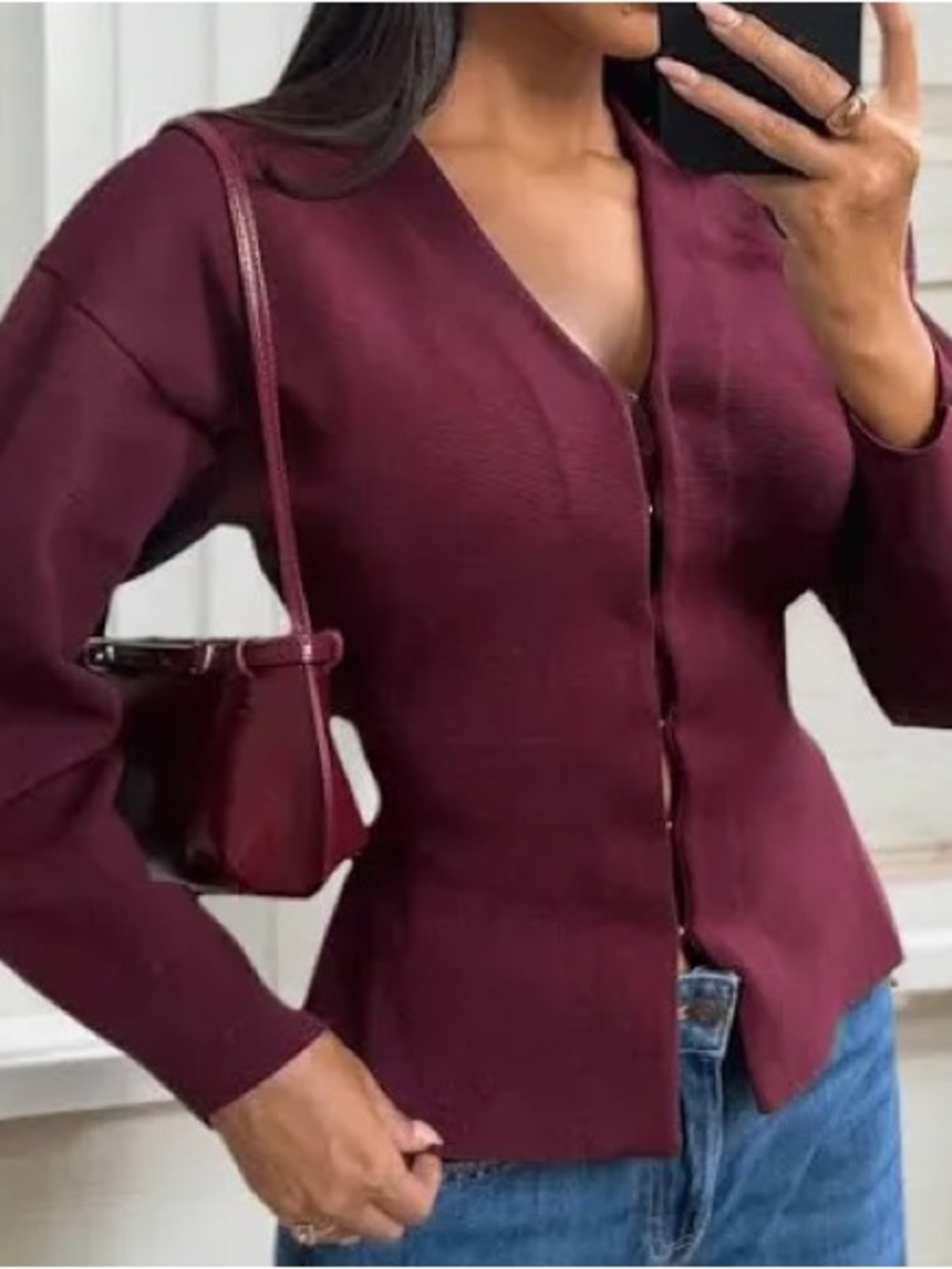 Zara-Front V-Neck Women's Sweater Cardigan - Burgundy XS